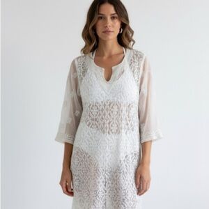 Vintage white silk tunic coverup with hand embroidery - Small
